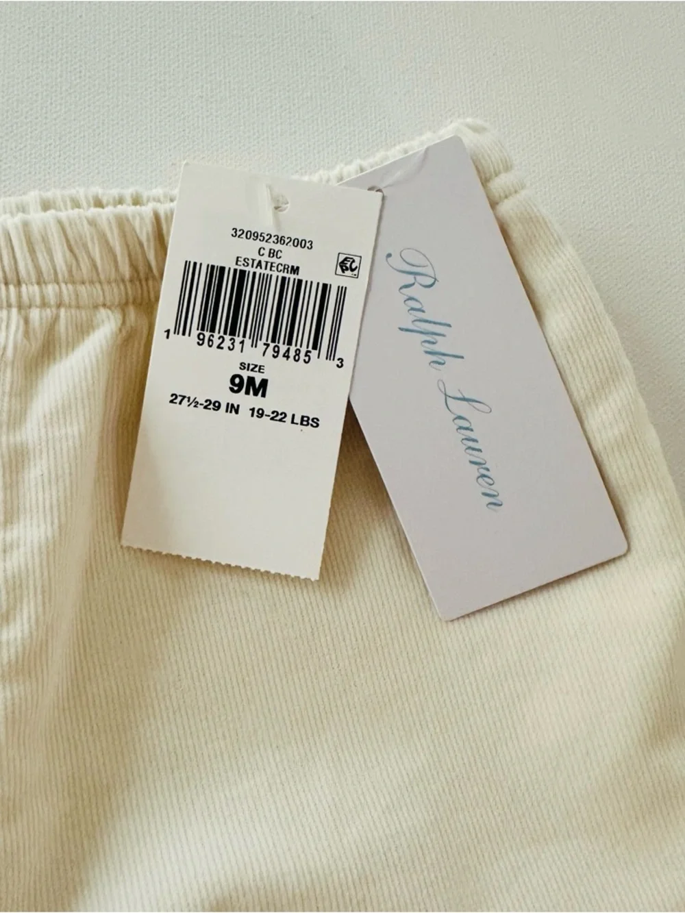 Ralph Lauren 9 Months Baby Boy Cream Soft Corduroy Pants NWT